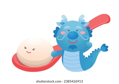 Cute dragon character or mascot, glutinous rice dumpling with glutinous rice balls for Lantern Festival or Winter Solstice, Asian sticky rice sweet food, vector cartoon style