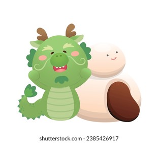 Cute dragon character or mascot, glutinous rice dumplings for Lantern Festival or Winter Solstice, Asian sweet with sticky rice and red bean filling, vector cartoon style