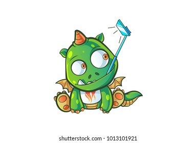 Cute Dragon Character taking a slefie. Vector Illustration. Isolated on white background.