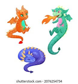 Cute dragon characters, dragon sleeps, dragon spews fire, cartoon dragon characters. Isolated on a white background. Vector cartoon illustration