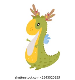 Dragón lindo con cornamentas de Navidades en diseño plano. Dinosaurio celebra vacaciones. Ilustración vectorial aislada.