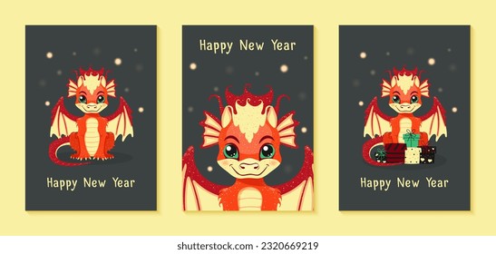 Cute dragon, Christmas card, set. 2024