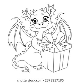 Cute dragon with Christmas present box. Symbol of Chinese New Year 2024. Fantasy baby dragon drawing contour for coloring book. Vector illustration in cartoon line art style,