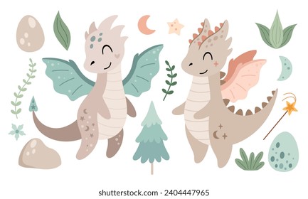  Cute dragon clipart in cartoon flat style. Year of the dragon. Dragon girl clipart. Fantasy clipart. Vector illustration