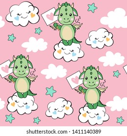 Cute dragon in the clouds on a pink background seamless pattern