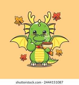 Cute dragon with coffee in autumn season. Mascot cartoon vector illustration suitable for poster, brochure, web, mascot, sticker, logo and icon.