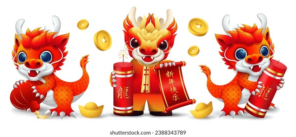 Cute dragon collections holding gold ingot, scroll, lantern, ingot and firecrackers. isolated cartoon dragon vector (Translation : happy Chinese new year,  year of the dragon)