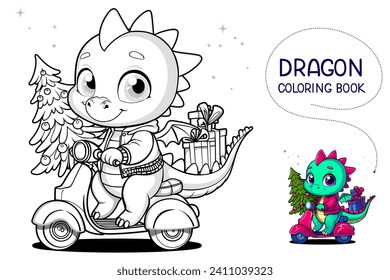 Cute dragon coloring book baby little with cute eyes on a scooter with a beautiful Christmas tree and presents. Chibi dragon or dinosaur cute character. Fairytale monsters. Cartoon dragon character 