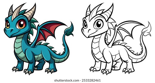 Cute Dragon Coloring Book For Kids. Dragon Cartoon Coloring Page Printable Vector Illustration Design