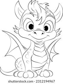 Cute dragon coloring book page for kids and adults. Vector illustration.