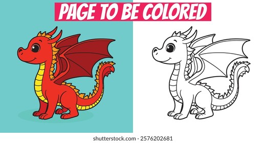 Cute dragon coloring page with a black-and-white outline and colorful version. Perfect for kids, fantasy-themed books, and preschool activities.