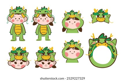 Cute Dragon Costume Character. A collection of eight playful dragon costume characters, featuring full outfits, masks, headbands, and decorative elements, perfect for fantasy or celebration designs