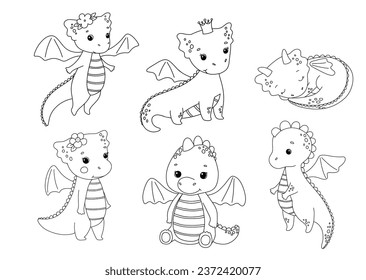 Cute dragon with crown and flower isolated on white background. Outline vector cartoon character for coloring page. Childish line illustrations set