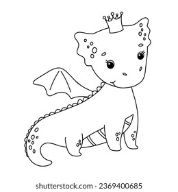 Cute dragon with crown isolated on white background. Outline vector cartoon character for coloring page. Childish line illustration