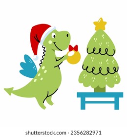 Cute dragon decorates Christmas tree. symbol of new year 2024 according to Eastern calendar. illustration in style of doodles. Cartoon sticker.