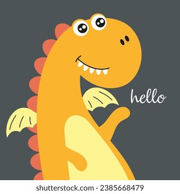 cute dragon or dinosaur on dark background, poster for nursery design, flat vector illustration, kids poster for baby clothes, greeting card, wrapping paper, lettering hello