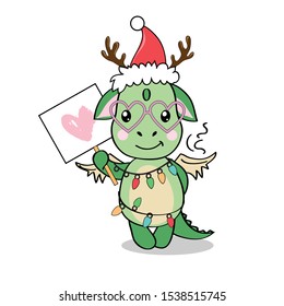Cute dragon dinosaur in a santa claus hat on a white background. Christmas concept