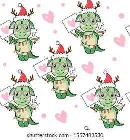 Cute dragon dinosaur in a santa claus hat on a white background seamless pattern. Christmas concept