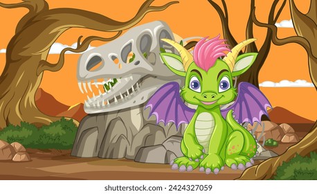 Cute dragon with a dinosaur skeleton backdrop