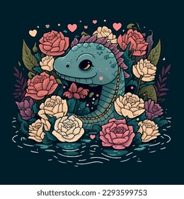 cute dragon dinosaur swims in the water and flowers   roses