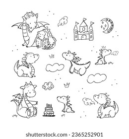 Cute dragon doodle designs. Year of the dragon 2024. A collection of cartoon dragon with princess and castle. Black and white vector illustration for a coloring book. Contour drawing.