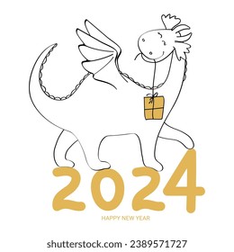 Cute dragon with a doodle-style gift on a white background. Happy Chinese new year 2024. Zodiac sign, year of the Dragon. Greeting card, greeting card, banner, poster.