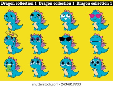 
Cute dragon, drake emotion, emoji, illustration in childish theme and colors, vector collection