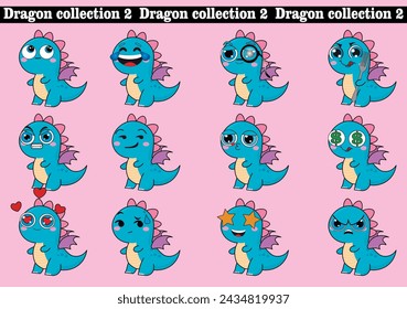 
Cute dragon, drake emotion, emoji, illustration in childish theme and colors, vector collection