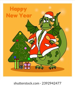 
A cute dragon dressed as Santa Claus is celebrating the New Year; nearby there is a beautiful decorated Christmas tree and gifts under the tree.