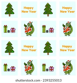 A cute dragon dressed as Santa Claus, a beautiful decorated Christmas tree, a Happy New Year inscription and gifts create a pattern for a good mood. Used to design postcards, banners, websites, childr