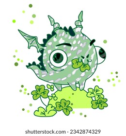 Cute dragon eat green clover. Color. Vector.