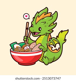 Cute Dragon Eat Ramen Noodle With Chopstick Cartoon Vector Icon Illustration. Animal Food Icon Concept Isolated Premium Vector. Flat Cartoon Style