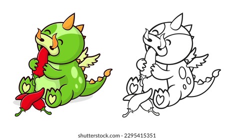 Cute dragon eating chili pepper. Outline cartoon illustration for coloring book. Fantasy animal icon concept. Isolated on white background. Dragon character flat cartoon style