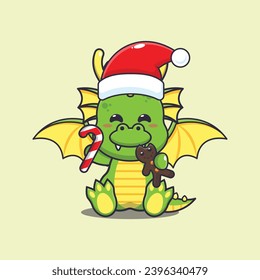 Cute dragon eating christmas cookies and candy. Cute christmas cartoon character illustration. 