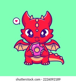 Cute Dragon Eating Donut Cartoon Vector Icon Illustration. Animal Food Icon Concept Isolated Premium Vector. Flat Cartoon Style