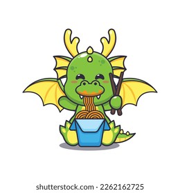 Cute dragon eating noodle cartoon vector illustration. Vector cartoon Illustration suitable for poster, brochure, web, mascot, sticker, logo and icon.