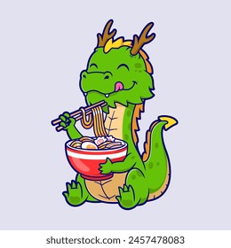 Cute Dragon Eating Ramen Noodle Cartoon Vector Icon Illustration. Animal Food Icon Concept Isolated Premium Vector. Flat Cartoon Style