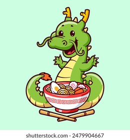 Lindo Dragón Comiendo Ramen Noodle Ilustración de Vector de dibujos animados. Concepto de ícono de comida animal Vector Premium aislado. Estilo plano de dibujos animados