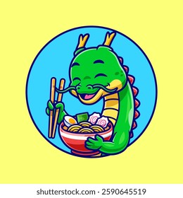 Cute Dragon Eating Ramen Noodle With Chopstick Cartoon Vector Icon Illustration. Animal Food Icon Concept Isolated Premium Vector. Flat Cartoon Style