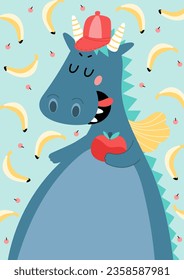 Cute dragon eats an apple with bananas background. Scandinavian flat style animal. Doodle summer vector illustration.