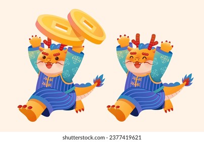 Cute dragon elements isolated on cream white background. Dragons in traditional costume running while cheering, one carrying coins, one without.