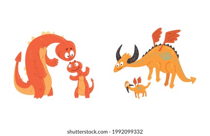 Cute Dragon Families Set, Mom Dinosaur and her Baby Cartoon Vector Illustration