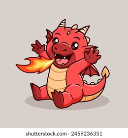 Cute Dragon With Fire Cartoon Vector Icon Illustration. Animal Nature Icon Concept Isolated Premium Vector. Flat Cartoon Style