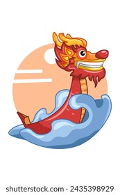 Cute Dragon Float on the Wave Cartoon Illustration
