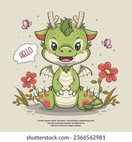 Cute Dragon With Flower And Butterfly. Cartoon Illustration