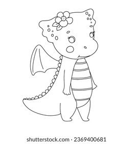 Dragón lindo con flor aislada en fondo blanco. Caracteres de dibujo animado vector de contorno para la página de coloreado. Ilustración de línea infantil