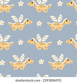 Dragón lindo con un patrón sin costuras de flores. Adorable fondo interminable de cuento de hadas dibujado a mano. Ilustración vectorial repetida de color pastel para niños, textiles, bebés, vivero