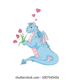 Cute dragon with flowers and hearts. Vector illustration for Valentine's Day.