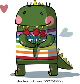 cute dragon with flowers in his hands