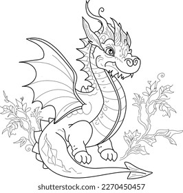 Cute dragon with flowers. Isolated on a white background. Outlined for coloring book. Sketch for a tattoo.